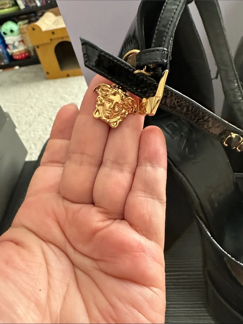 Versace Black Patent Platform Sandals with Gold Chain Ankle Strap